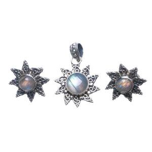 StarGems  Natural Labradorite Boho 925 Sterling Silver Jewelry Set, Earrings Stud:3/4" Pendant:1 1/4" T8909