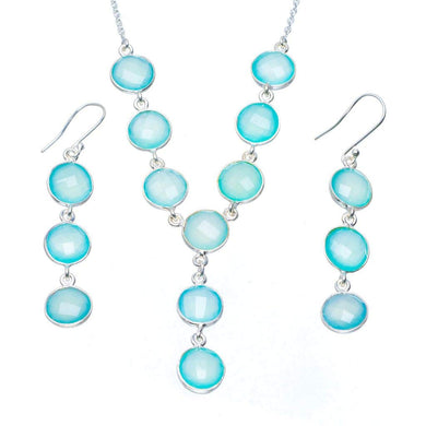 StarGems  Natural Chalcedony Handmade Unique 925 Sterling Silver Jewelry Set Necklace 17.5