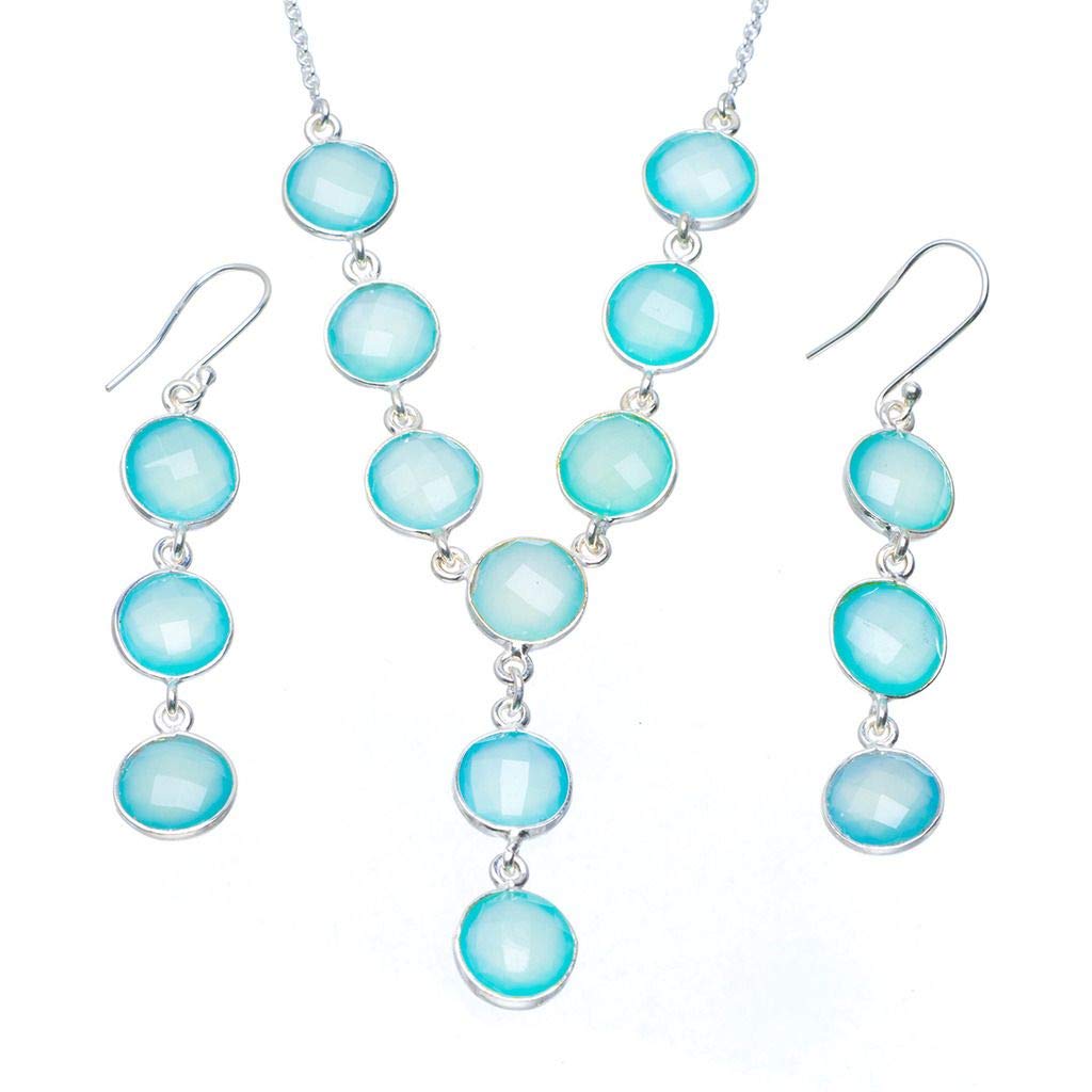 StarGems  Natural Chalcedony Handmade Unique 925 Sterling Silver Jewelry Set Necklace 17.5