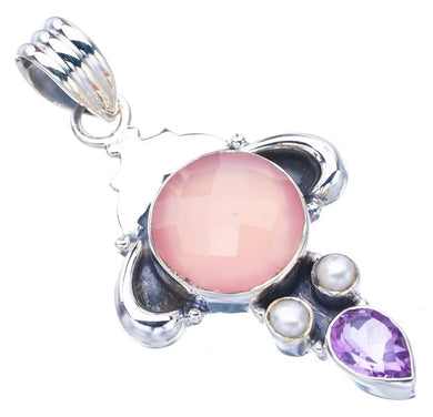 StarGems  Natural Rose Quartz River Pearl And Amethyst OxHandmade 925 Sterling Silver Pendant 1.75