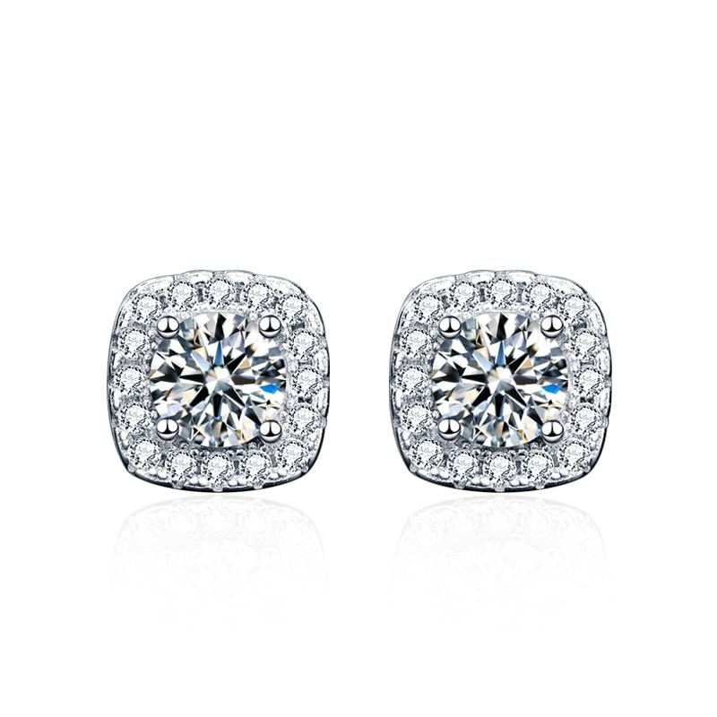 StarGems  0.5ct Moissanite 925 Silver Platinum Plated Zirconia Surrounded Square Halo Stud B4643