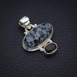 StarGems  Natural Snowflake Obsidian Smoky QuartzHandmade 925 Sterling Silver Pendant 1.25" F4496