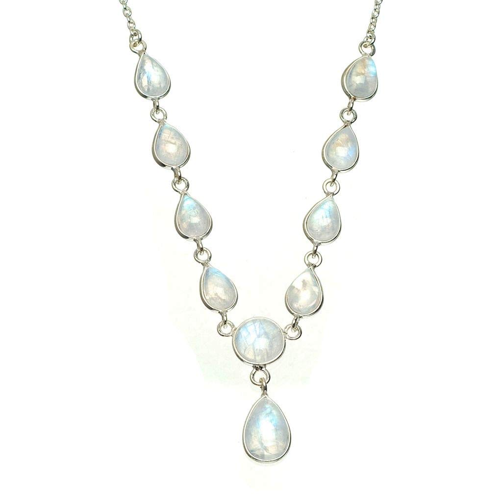 StarGems  Natural Rainbow Moonstone Handmade Unique 925 Sterling Silver Necklace 17+1