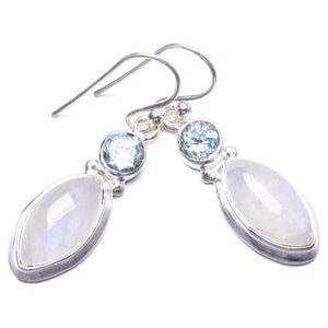 StarGems  Natural Rainbow Moonstone and Blue Topaz Handmade Unique 925 Sterling Silver Earrings 1.25" Y3164