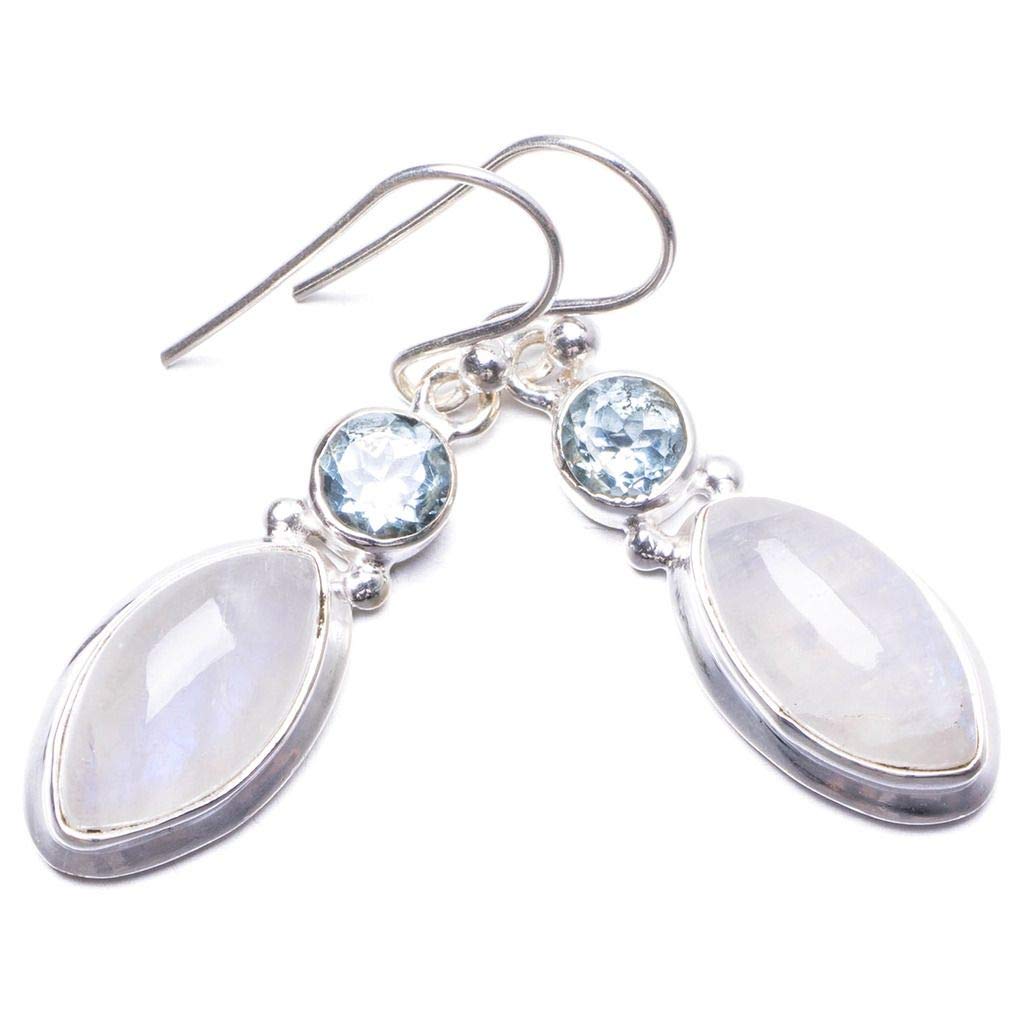 StarGems  Natural Rainbow Moonstone and Blue Topaz Handmade Unique 925 Sterling Silver Earrings 1.25