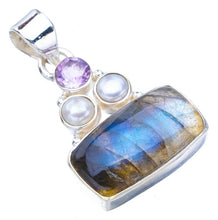 StarGems  Natural Blue Fire Labradorite River Pearl And Amethyst Handmade 925 Sterling Silver Pendant 1.25" F5232