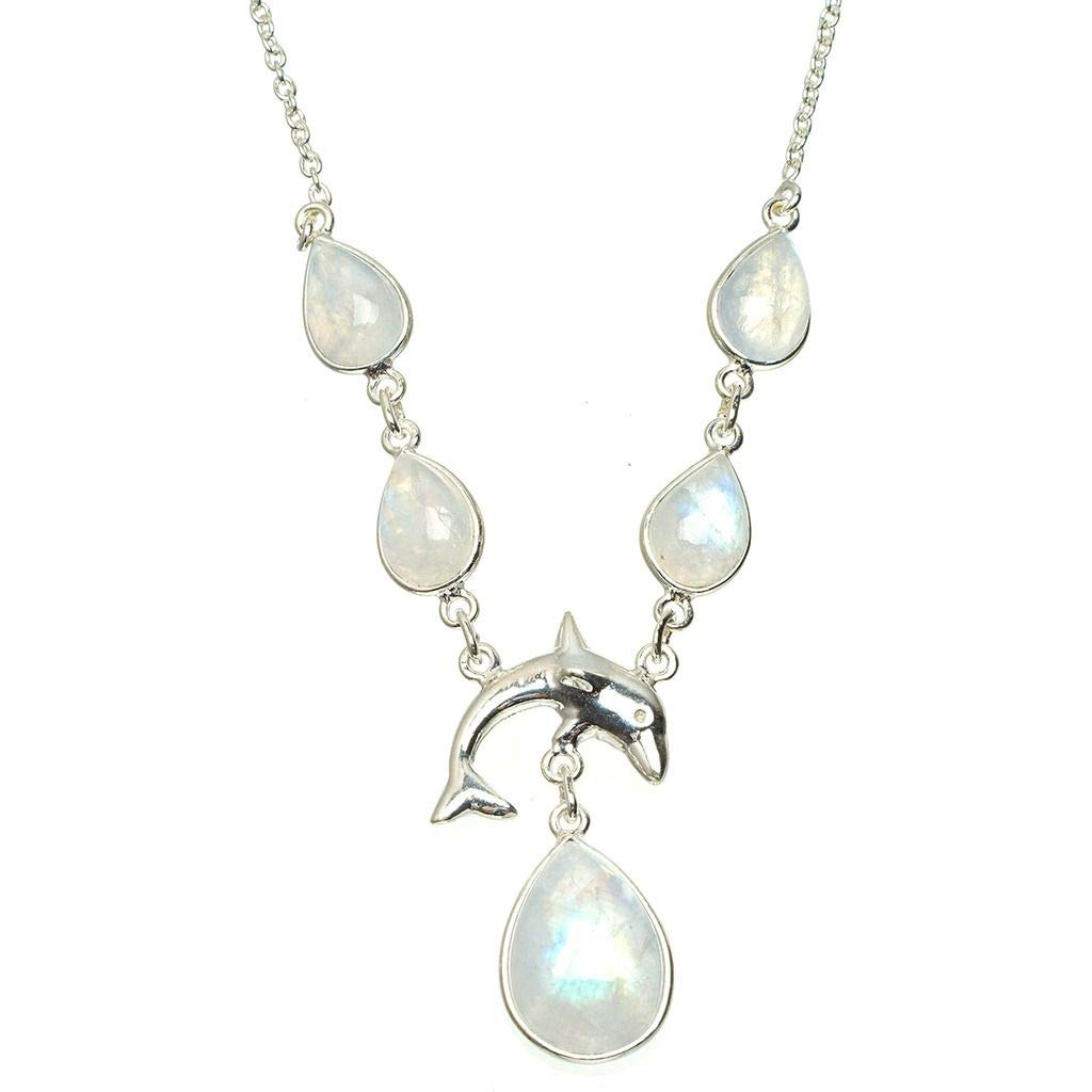 StarGems  Natural Rainbow Moonstone Handmade Unique 925 Sterling Silver Necklace 16.25+1.25