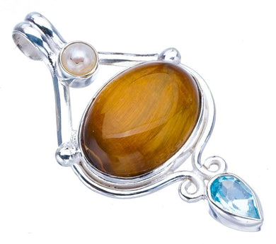 StarGems  Natural Tiger Eye River Pearl And Blue TopazHandmade 925 Sterling Silver Pendant 1.75