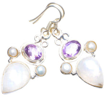 StarGems  Natural Rainbow Moonstone,Amethyst River Pearl Handmade Unique 925 Sterling Silver Earrings 1.75" X4497