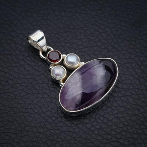 StarGems  Natural Chevron Amethyst River Pearl And GarnetHandmade 925 Sterling Silver Pendant 1.5" F4059