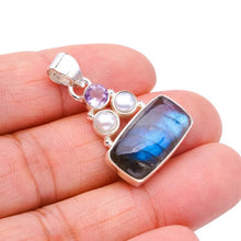 StarGems  Natural Blue Fire Labradorite River Pearl And Amethyst Handmade 925 Sterling Silver Pendant 1.25" F5232