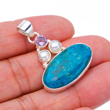 StarGems  Natural Chrysocolla River Pearl And Amethyst Handmade 925 Sterling Silver Pendant 1.5" F4801