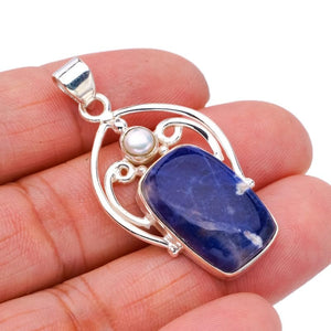 StarGems® Natural Sodalite River PearlHandmade 925 Sterling Silver Pendant 1.75" F4996