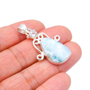 StarGems  Natural Larimar Blue Topaz Handmade 925 Sterling Silver Pendant 1.5" F3535