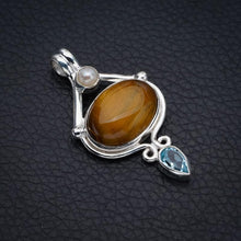 StarGems  Natural Tiger Eye River Pearl And Blue TopazHandmade 925 Sterling Silver Pendant 1.75" F4085