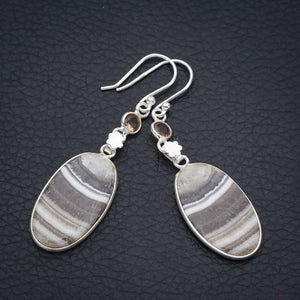 StarGems  Natural Zebra Calcite Smoky Quartz Handmade 925 Sterling Silver Earrings 2" F5518