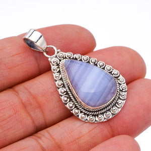 StarGems  Natural Blue Lace Agate Handmade 925 Sterling Silver Pendant 1.75" F4925