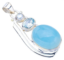 StarGems® Natural Milky Aquamarine Blue Topaz And River PearlHandmade 925 Sterling Silver Pendant 1.75" F4888