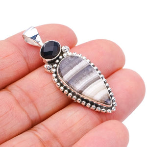 StarGems  Natural Zebra Calcite Black Onyx Handmade 925 Sterling Silver Pendant 1.75" F4572