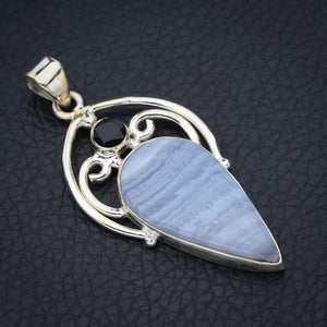 StarGems  Natural Blue Lace Agate Black OnyxHandmade 925 Sterling Silver Pendant 2" F4923