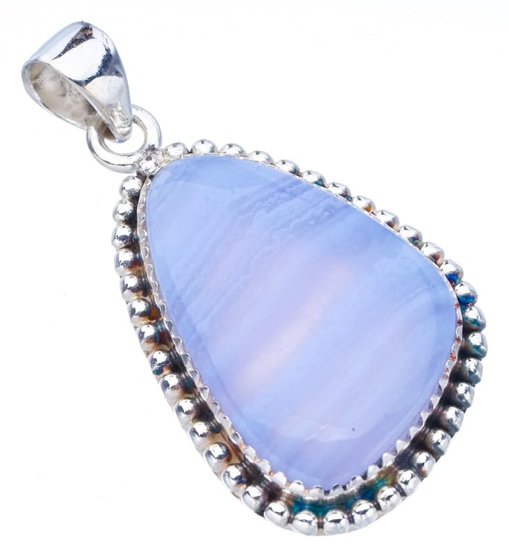 StarGems  Natural Blue Lace Agate Handmade 925 Sterling Silver Pendant 1.75