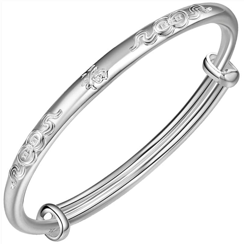 StarGems® Adjustable Fortune&‘Fu’ Handmade 999 Sterling Silver Bangle Bracelet For Women Cb0230