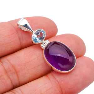 StarGems  Natural Amethyst Blue Topaz Handmade 925 Sterling Silver Pendant 1.5" F5303