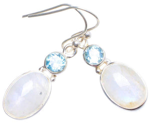 StarGems  Natural Rainbow Moonstone and Blue Topaz Handmade Unique 925 Sterling Silver Earrings 1.25" X4383