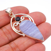 StarGems  Natural Blue Lace Agate Black OnyxHandmade 925 Sterling Silver Pendant 2" F4923