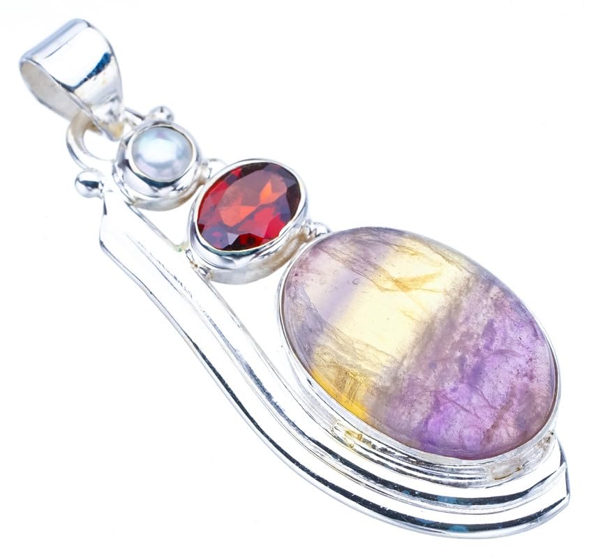 StarGems  Natural Fluorite Garnet And River Pearl Handmade 925 Sterling Silver Pendant 2