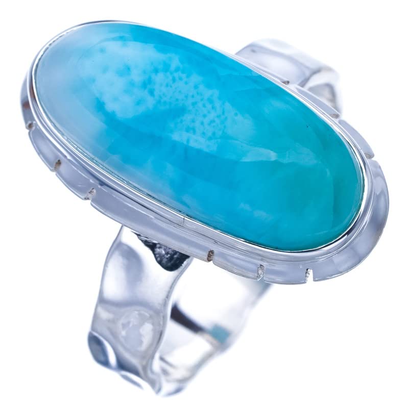 StarGems® Natural Larimar Hammered Handmade 925 Sterling Silver Ring 7 F1413