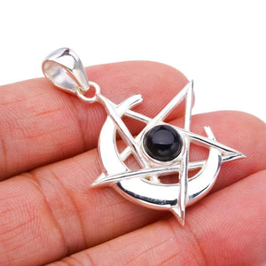 StarGems® Natural Black Onyx Star And Moon Handmade 925 Sterling Silver Pendant 1.5" F4413