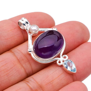 StarGems  Natural Amethyst Blue Topaz And River Pearl Handmade 925 Sterling Silver Pendant 1.75" F5304