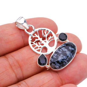 StarGems® Natural Snowflake Obsidian Black Onyx TreeHandmade 925 Sterling Silver Pendant 1.5" F4493