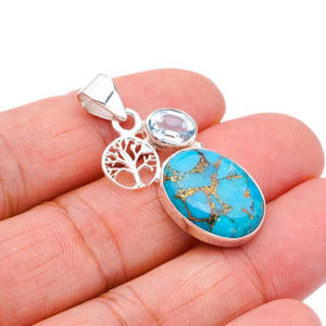 StarGems  Natural Copper Turquoise Blue Topaz Tree Handmade 925 Sterling Silver Pendant 1.5" F3871