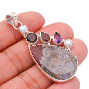 StarGems  Natural Agate Smoky Quartz,River Pearl And Amethyst Handmade 925 Sterling Silver Pendant 2" F4747