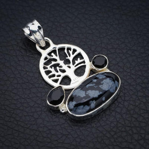 StarGems  Natural Snowflake Obsidian Black Onyx Tree Handmade 925 Sterling Silver Pendant 1.5" F4494