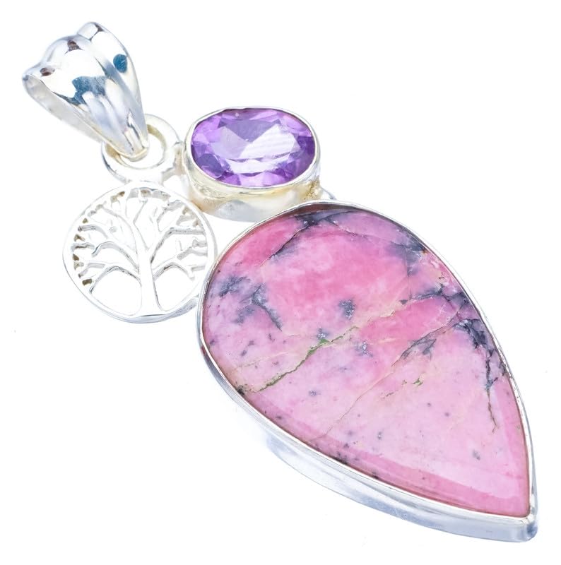 StarGems  Natural Rhodonite Amethyst Tree Handmade 925 Sterling Silver Pendant 1.75