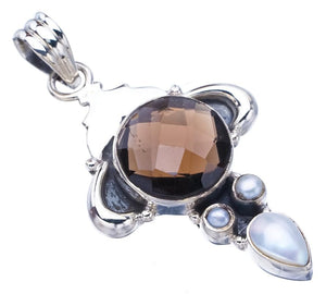 StarGems  Natural Smoky Quartz River Pearl Ox Handmade 925 Sterling Silver Pendant 1.75" F5187