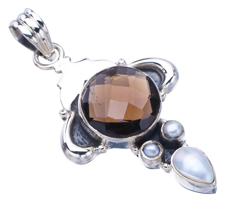 StarGems  Natural Smoky Quartz River Pearl Ox Handmade 925 Sterling Silver Pendant 1.75