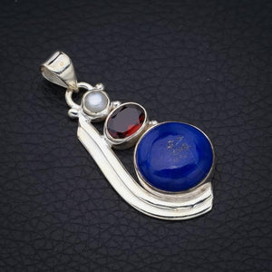 StarGems  Natural Lapis Lazuli Garnet And River Pearl Handmade 925 Sterling Silver Pendant 1.75" F5385