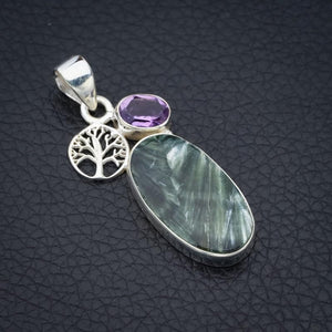 StarGems  Natural Seraphinite Amethyst Tree Handmade 925 Sterling Silver Pendant 1.75" F4677