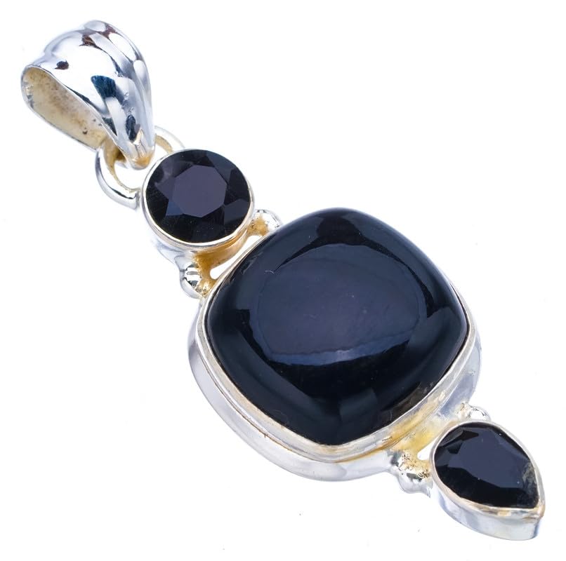 StarGems  Natural Black Onyx Handmade 925 Sterling Silver Pendant 1.75