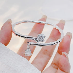 StarGems  Opening Lotus and Gourd with Bamboo-shaped Joint Band Handmade 999 Sterling Silver Bangle Cuff Bracelet For Women Cb0053