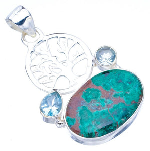 StarGems  Natural Chrysocolla Blue Topaz Tree Handmade 925 Sterling Silver Pendant 1.75" F4821