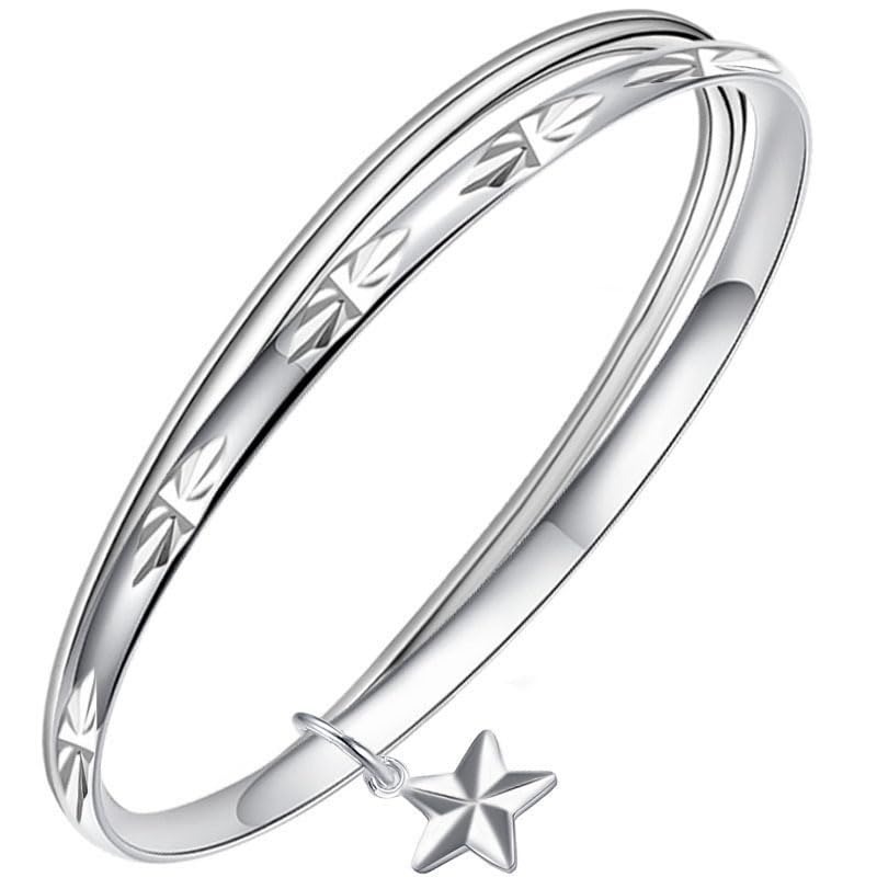 StarGems® Fixed Star Double Layer Handmade Stacked 999 Sterling Silver Bangle Bracelets For Women Cb0251