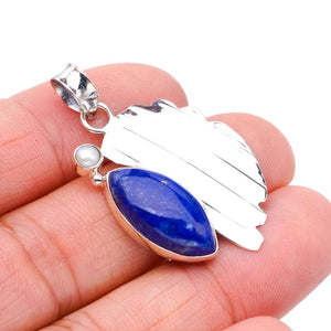 StarGems  Natural Lapis Lazuli River Pearl LeafHandmade 925 Sterling Silver Pendant 1.5" F5375