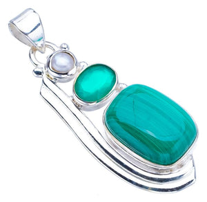 StarGems  Natural Malachite Chrysoprase And River Pearl Handmade 925 Sterling Silver Pendant 1.75" F4113