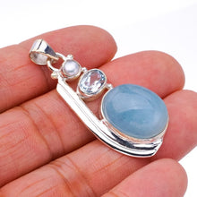 StarGems® Natural Milky Aquamarine Blue Topaz And River PearlHandmade 925 Sterling Silver Pendant 1.75" F4888