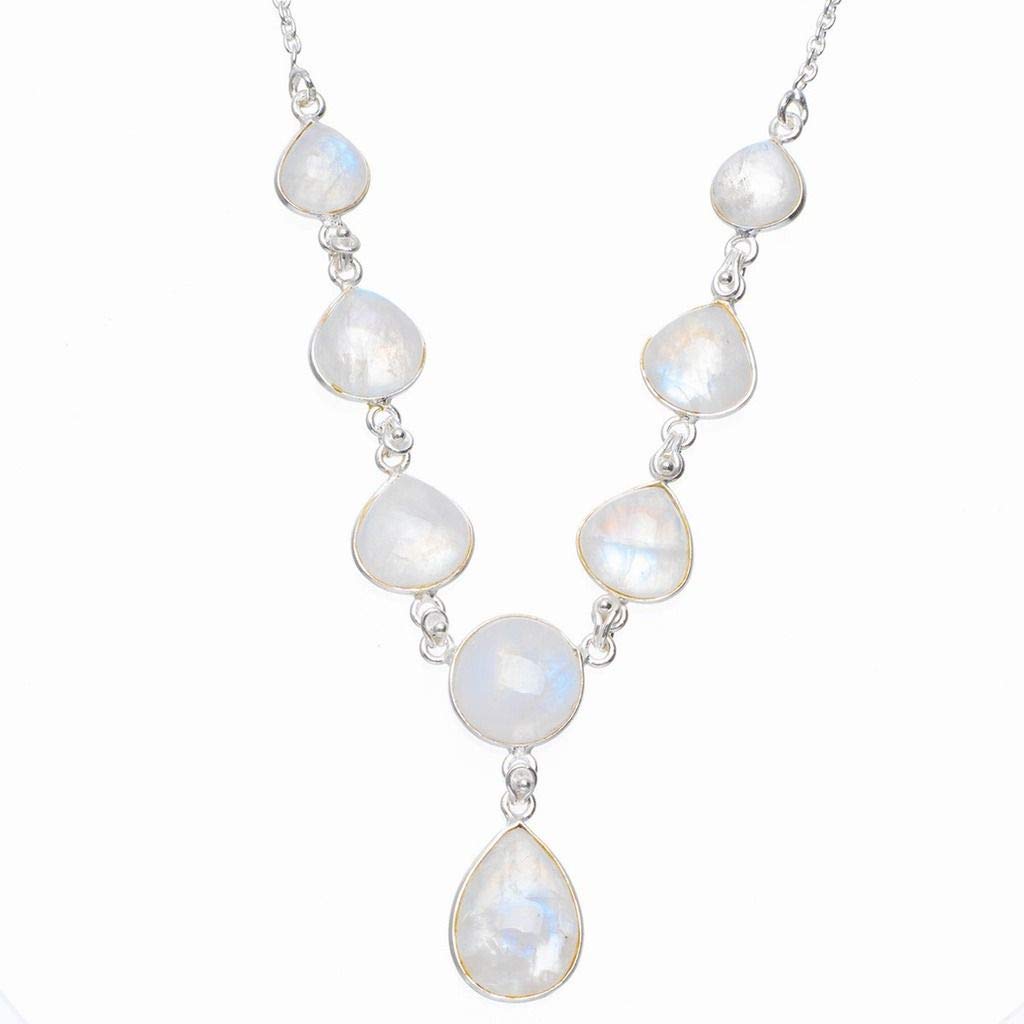 StarGems  Natural Rainbow Moonstone Handmade Unique 925 Sterling Silver Necklace 17.25+1